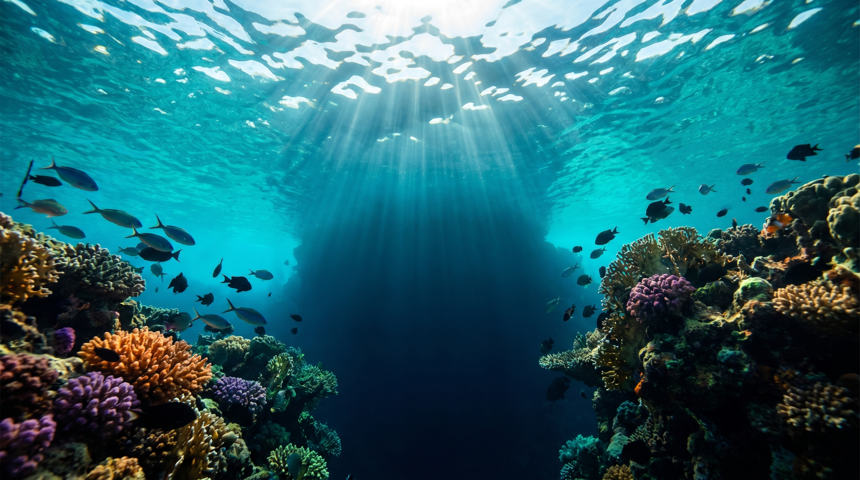 Sunlit coral reef filmed with Deep Dive Goggles