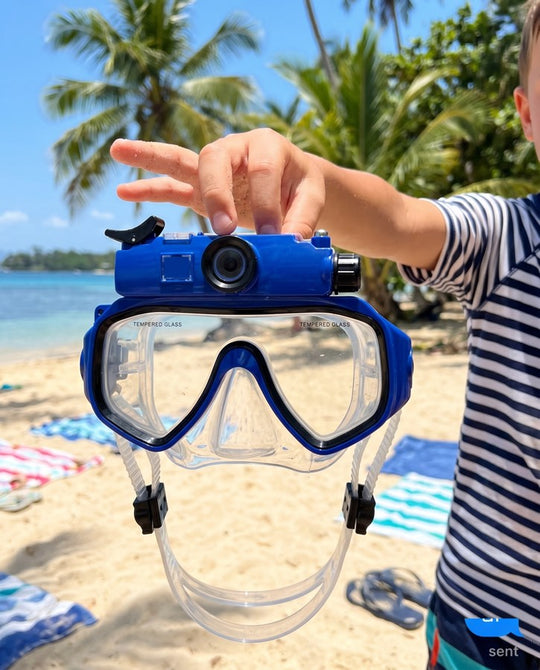 Child holding the blue Deep Dive Goggles mask at the beach