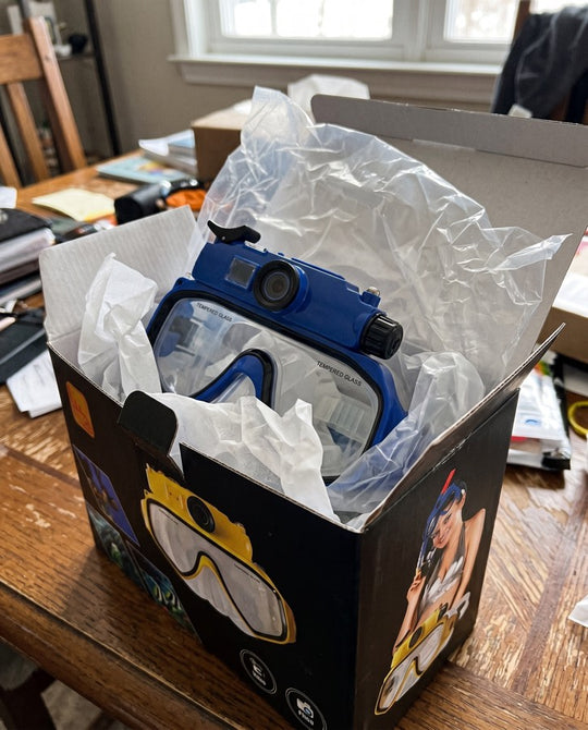 Blue mask in its box on a table