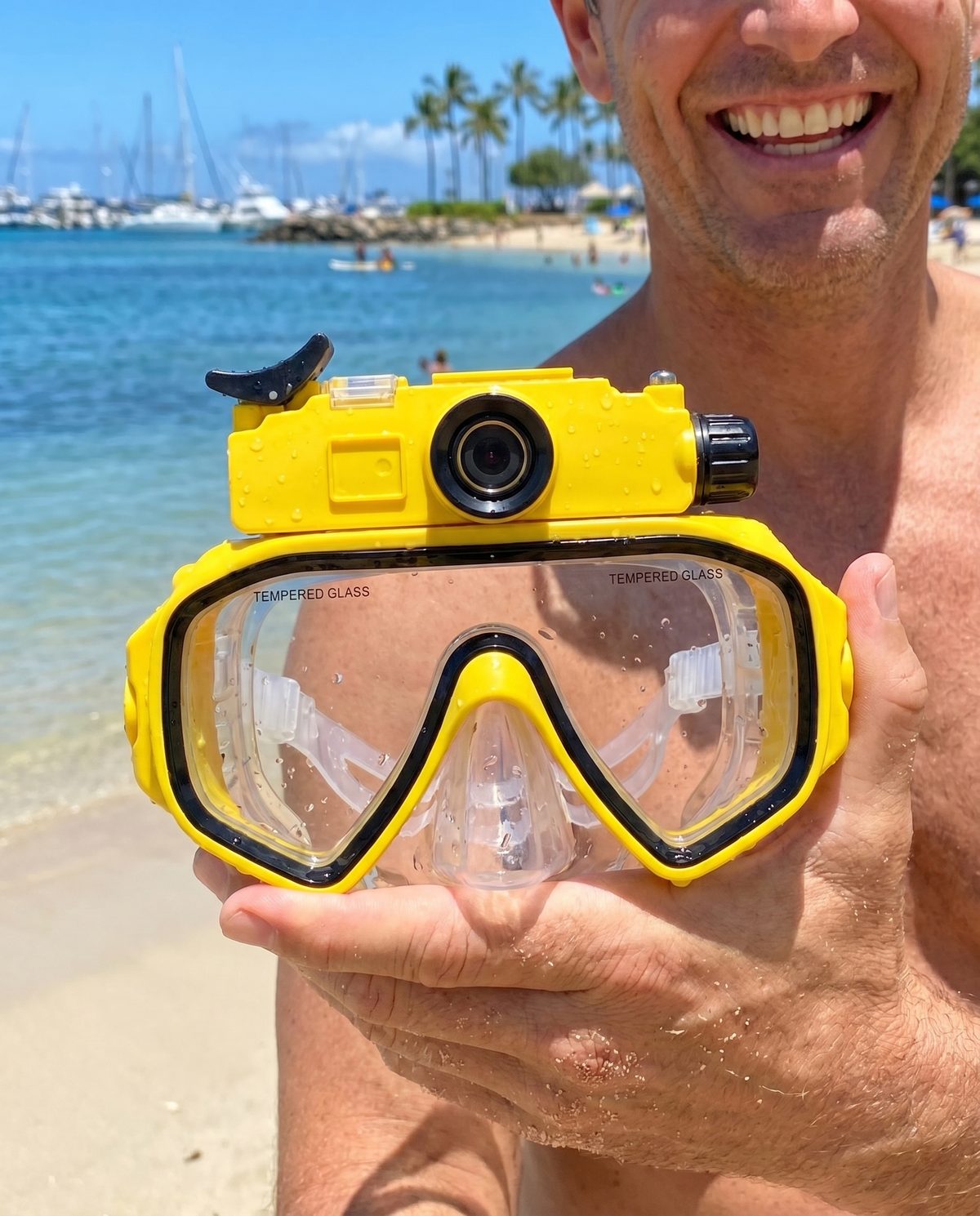 Customer holding the yellow Deep Dive Goggles at the beach