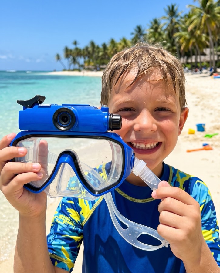 Boy on the beach holding the blue Deep Dive Goggles mask
