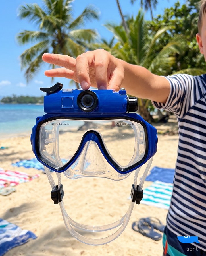 Child holding the blue Deep Dive Goggles mask at the beach