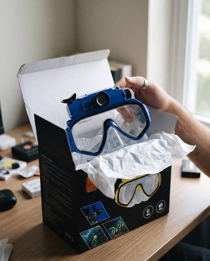 Hand holding the blue mask above the open box