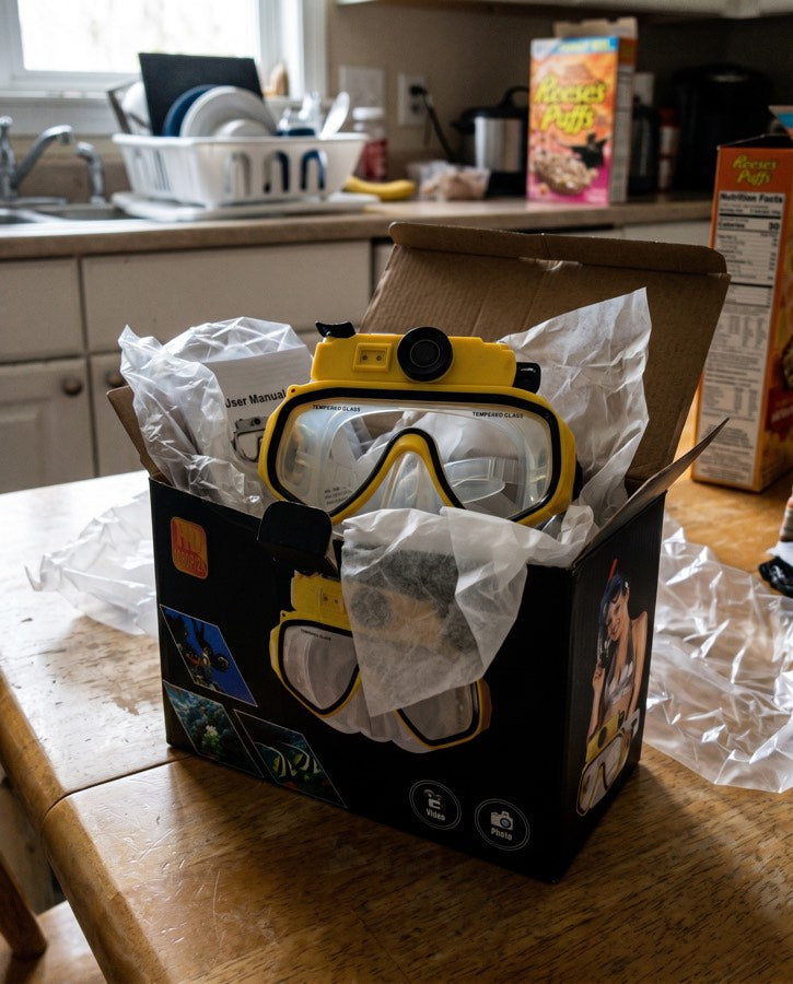Yellow mask in its box on a kitchen bench