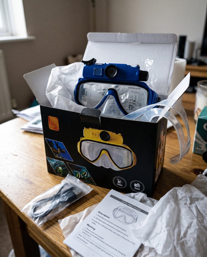 Blue mask in its box with the manual and cable
