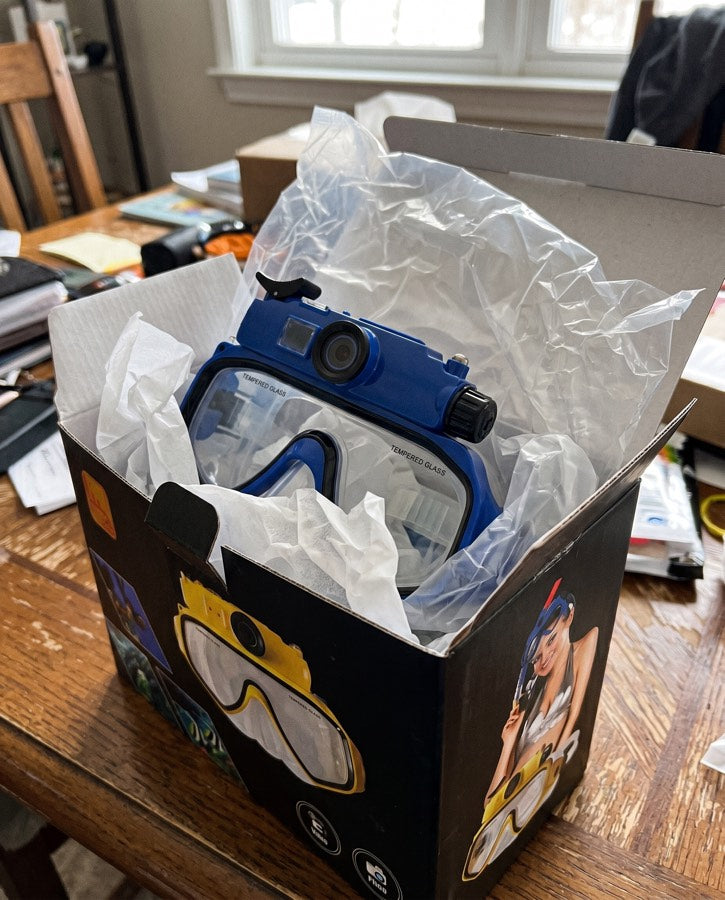 Blue mask in its box on a table