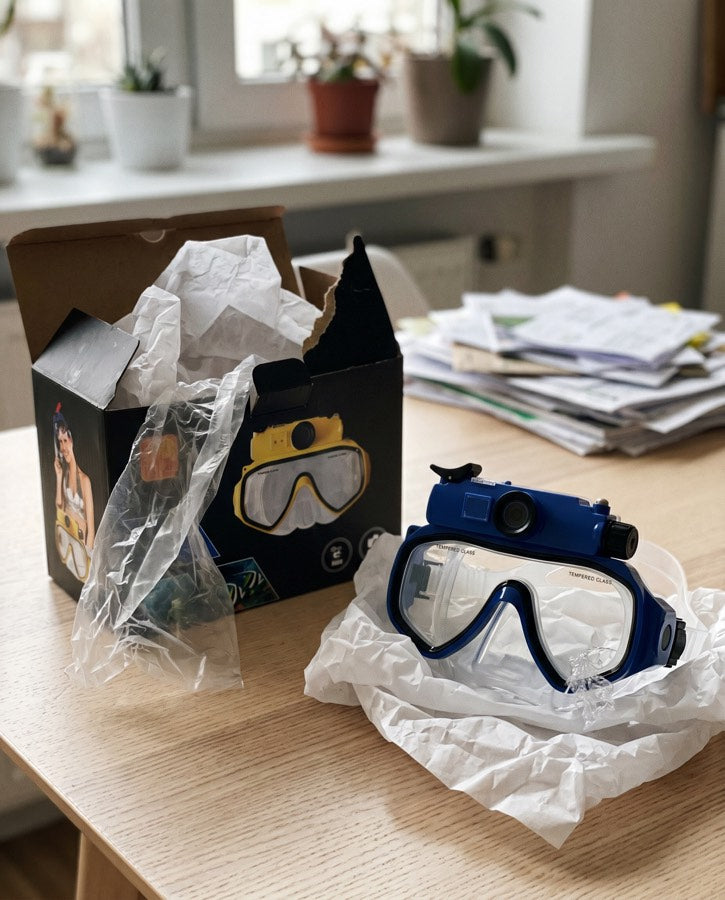 A yellow mask in its box next to a blue mask